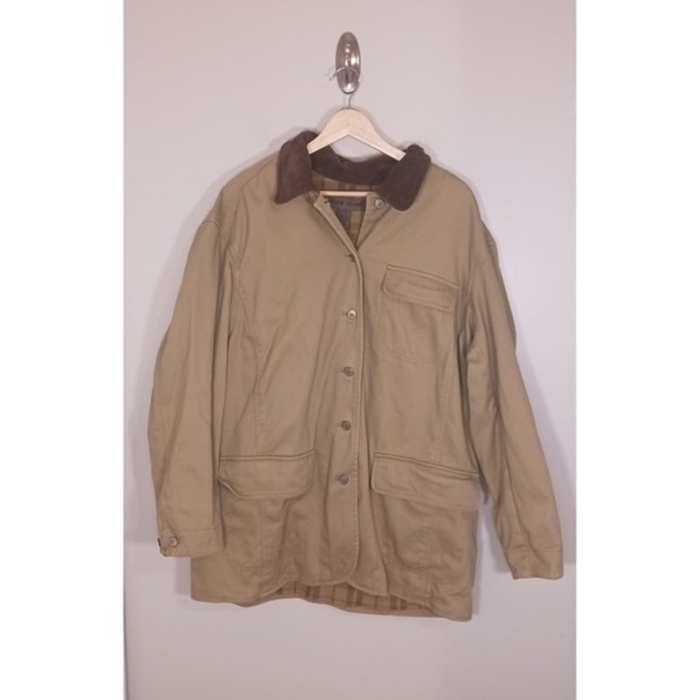 Jones New York Barn Jacket Womens 1X Khaki Plaid Lined Chore Coat Utility Cotton